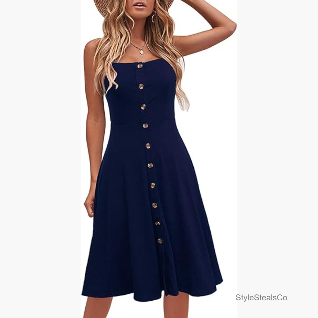 Cotton A-Line Midi Sundress With Spaghetti Straps And Buttons